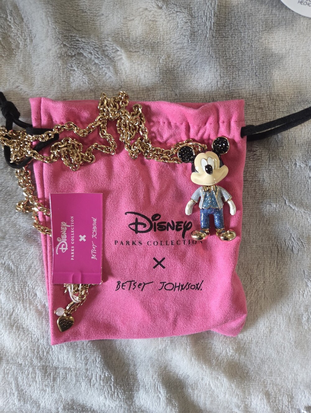 Betsey Johnson Gold-Tone Mickey Mouse Necklace with Pink Pouch